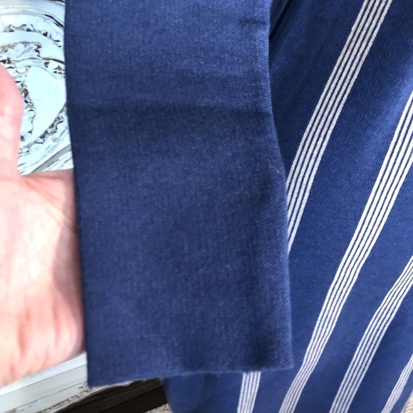 New Fashion Cadet Blue with Cream Strips Mock Neck Self Belts Long Sleeve Dress - Picture 6 of 12